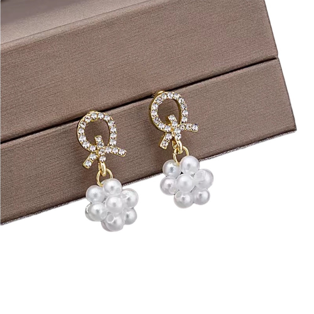Rhinestone Bow Knot Pearl Ball Drop Earrings